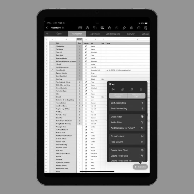 Repertoire-Liste auf dem iPad.