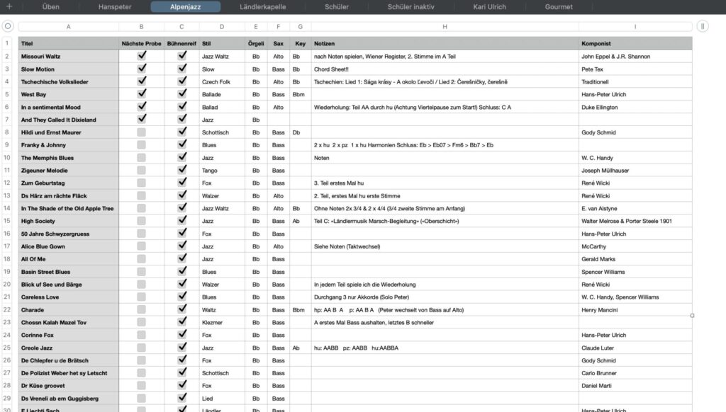 Repertoire-Liste in Apple Numbers.