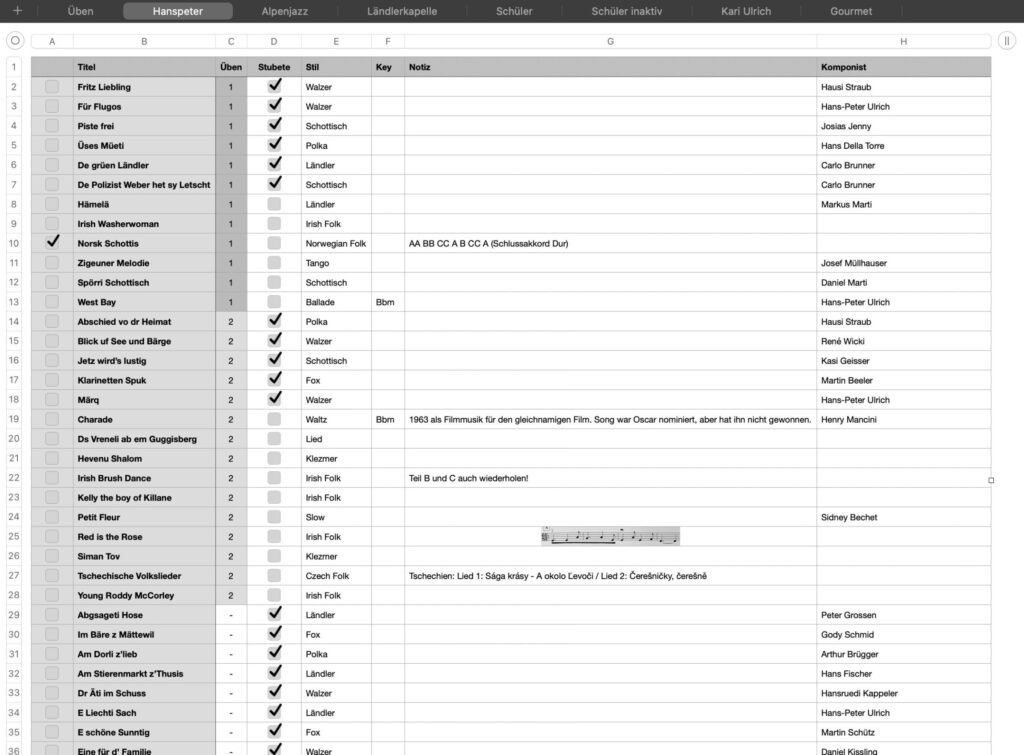 Repertoire-Liste in Apple Numbers.