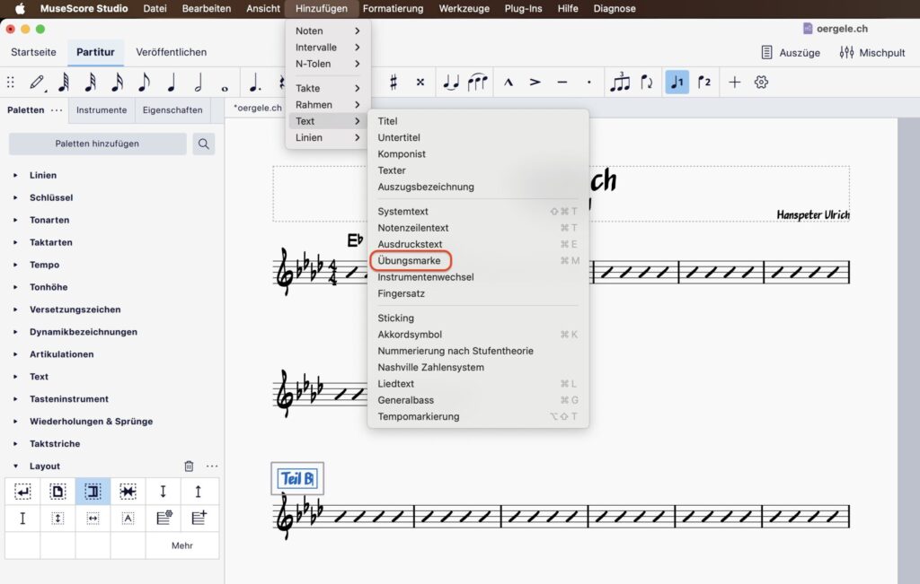 Beschriftung von Teilen einfügen in MuseScore.