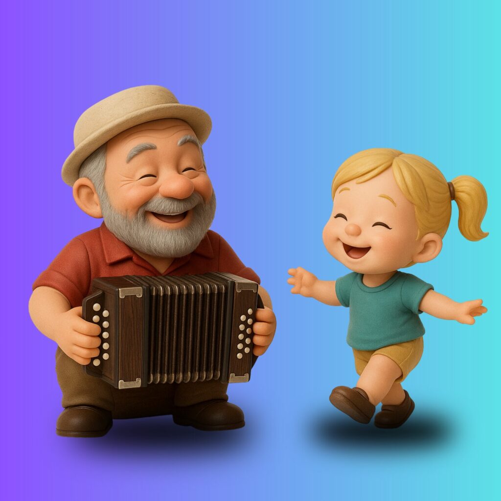 Kind tanzt zur Musik eines Akkordeonisten.