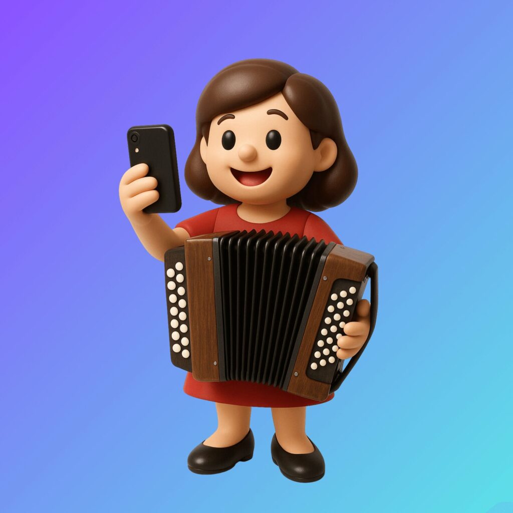 Frau mit Smartphone und Akkordeon.