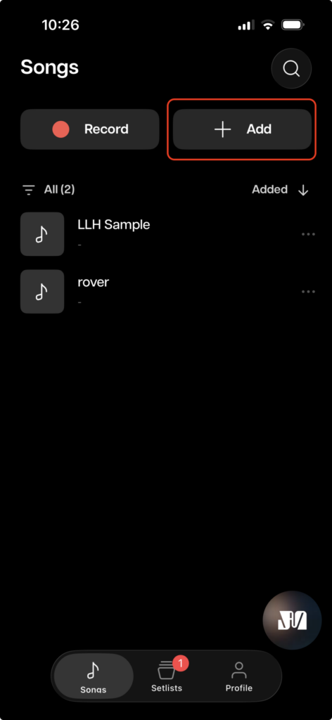 Moises App: Song hinzufügen.
