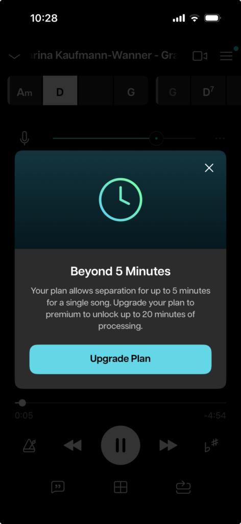 Moises App: Im kostenlosen Modus ist die maximale Länge 5 Minuten.