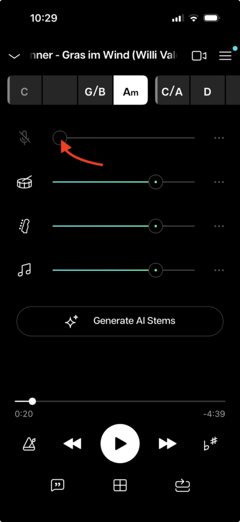 Moises App: Gesang wird herausgefiltert.