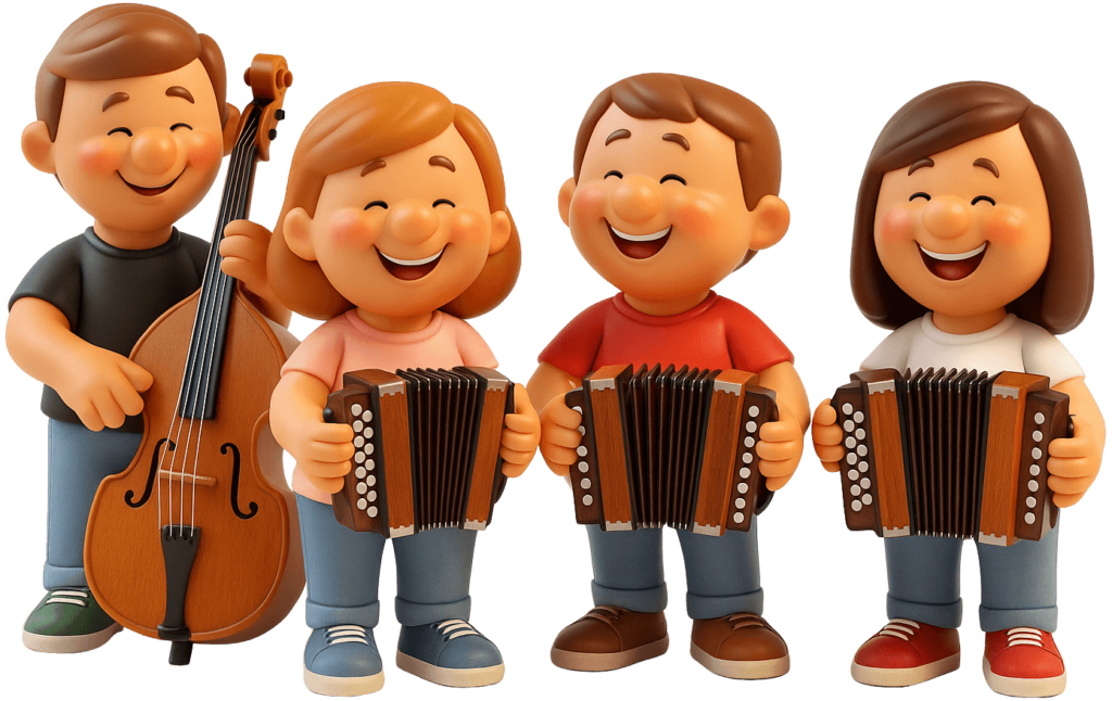 Drei Personen mit Akkordeons und ein Kontrabassist.