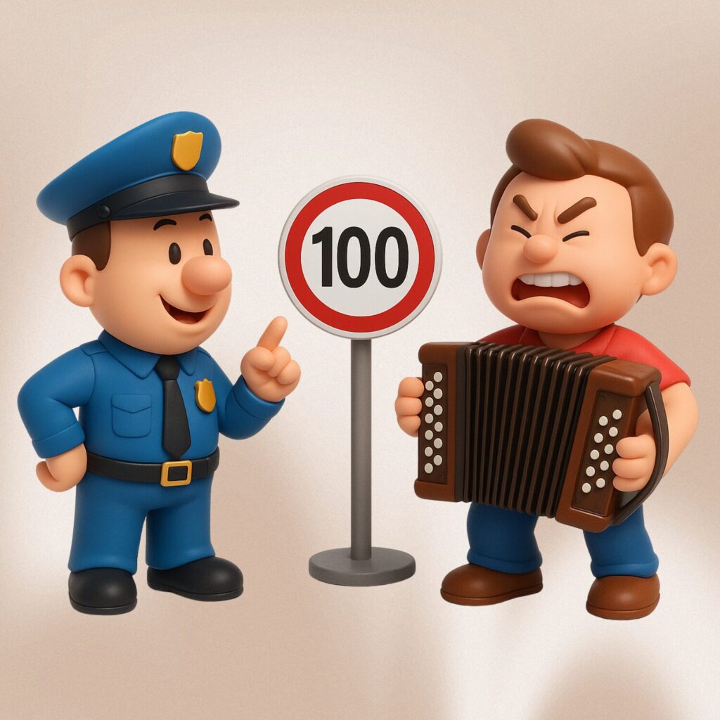 Akkordeonist wird von einem Polizisten beim zu schnellen Üben erwischt.