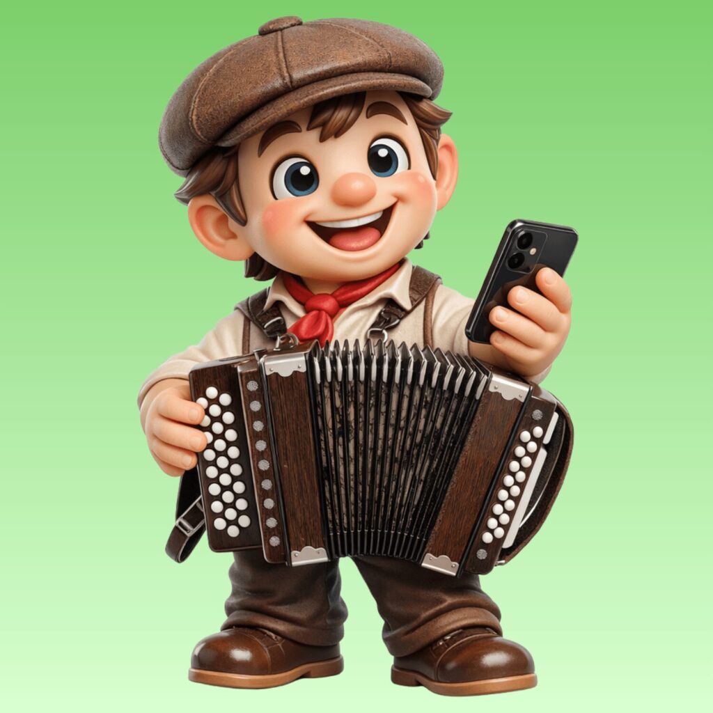 Figur mit Schwyzerörgeli und Smartphone.